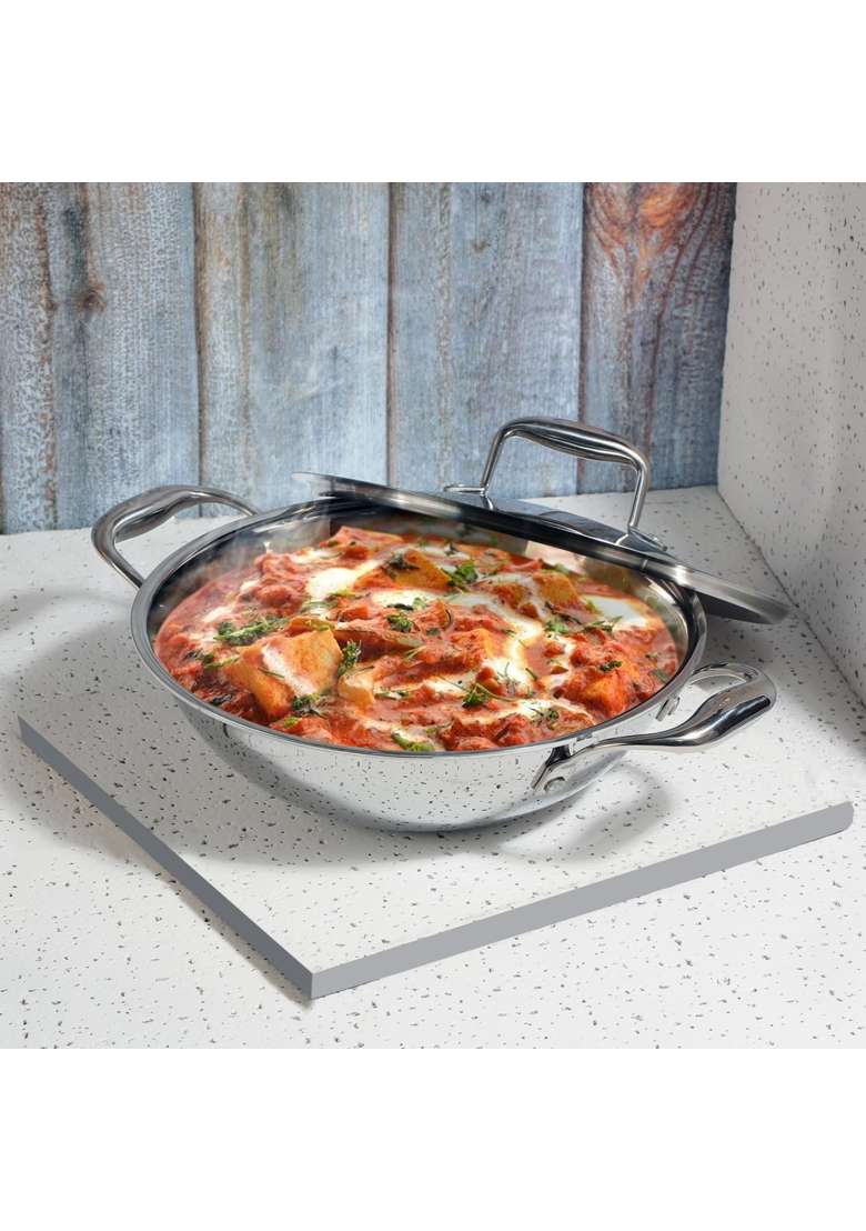 Vinod SAS Pro Platinum Triply Stainless Steel Kadai Wok | 1.8 L | 1.9 Qt | 22 cm | 8.7 Inch | Induction Compatible | PFOA Free - Indya