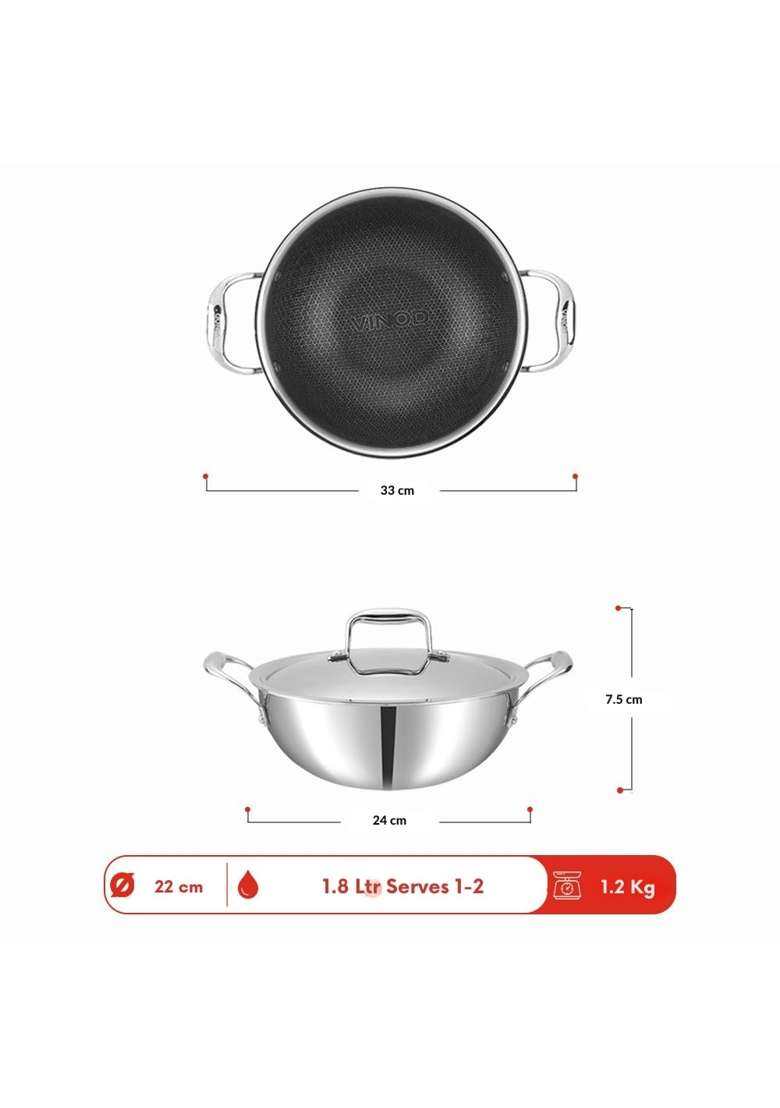Vinod SAS Pro Platinum Triply Stainless Steel Kadai Wok | 1.8 L | 1.9 Qt | 22 cm | 8.7 Inch | Induction Compatible | PFOA Free - Indya
