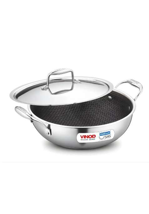 Vinod SAS Pro Platinum Triply Stainless Steel Kadai Wok | 1.8 L | 1.9 Qt | 22 cm | 8.7 Inch | Induction Compatible | PFOA Free