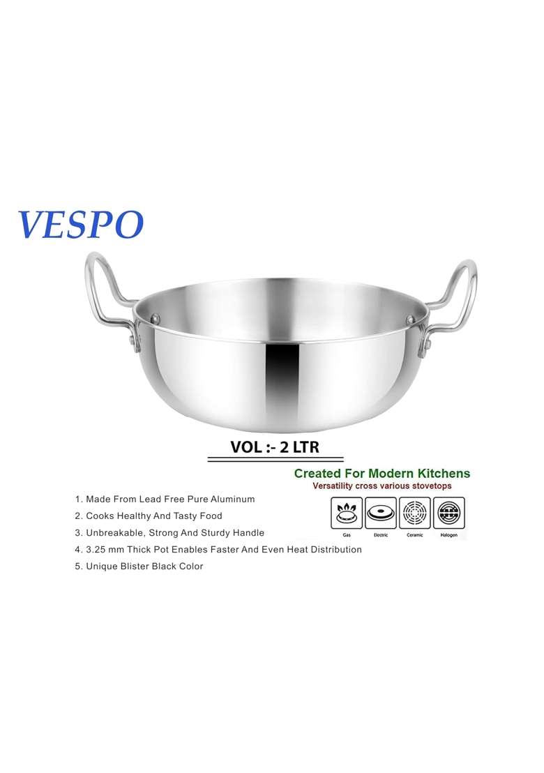 VESPO Mirror Finish Aluminum Induction Deep Kadhai Wok Flat Bottom Kadhai Without Lid | 2 L | 2.1 Qt | 22 cm | 8.7 Inch - Indya
