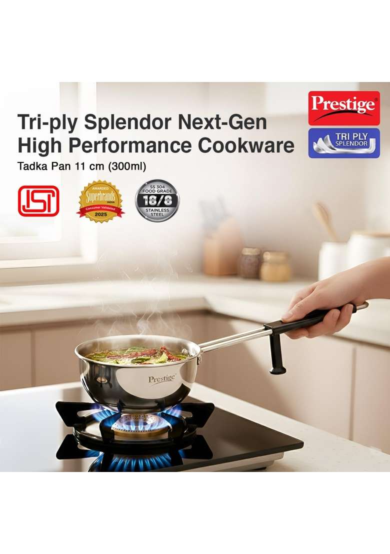 Prestige Tri-Ply Stainless Steel Splendor Tadka Pan | 300 ml | 10.1 fl oz | 11 cm | 4.3 Inch | Induction Compatible - Indya