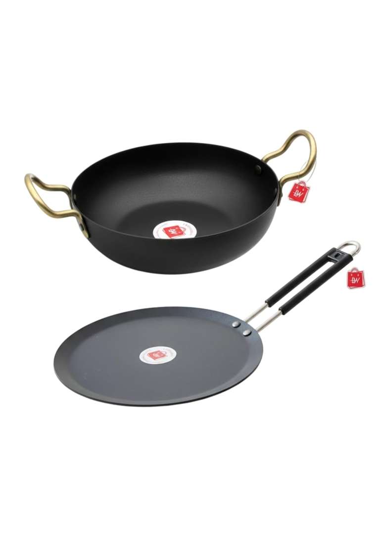 LAZYwindow Iron Deep Kadhai Wok and Tawa Combo | Induction Compatible - Indya