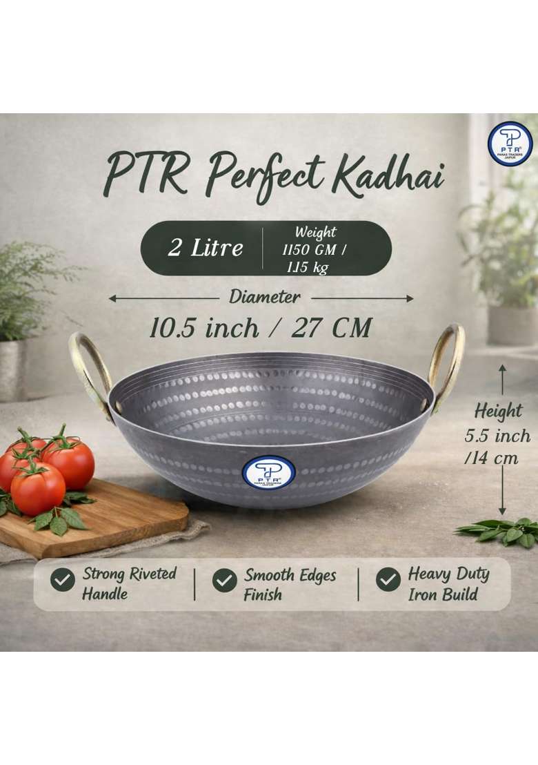 PTR Iron Kadai Top Diameter | 2 L | 2.1 Qt | 10 Inch | Induction Compatible | Heavy Bottom | Handcrafted | Hammered Finish - Indya