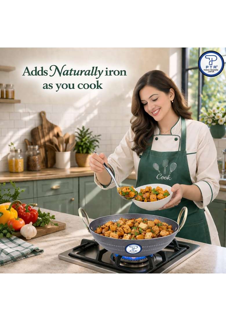 PTR Iron Kadai Top Diameter | 2 L | 2.1 Qt | 10 Inch | Induction Compatible | Heavy Bottom | Handcrafted | Hammered Finish - Indya