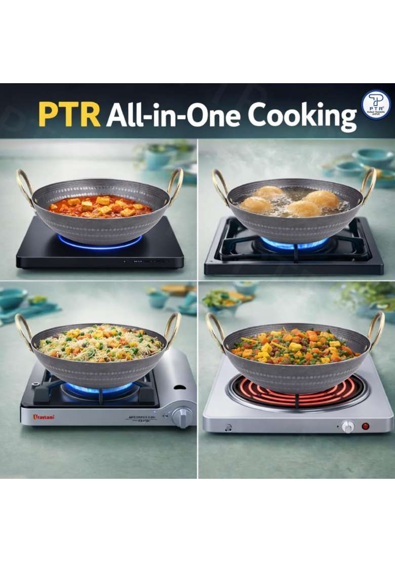 PTR Iron Kadai Top Diameter | 2 L | 2.1 Qt | 10 Inch | Induction Compatible | Heavy Bottom | Handcrafted | Hammered Finish - Indya