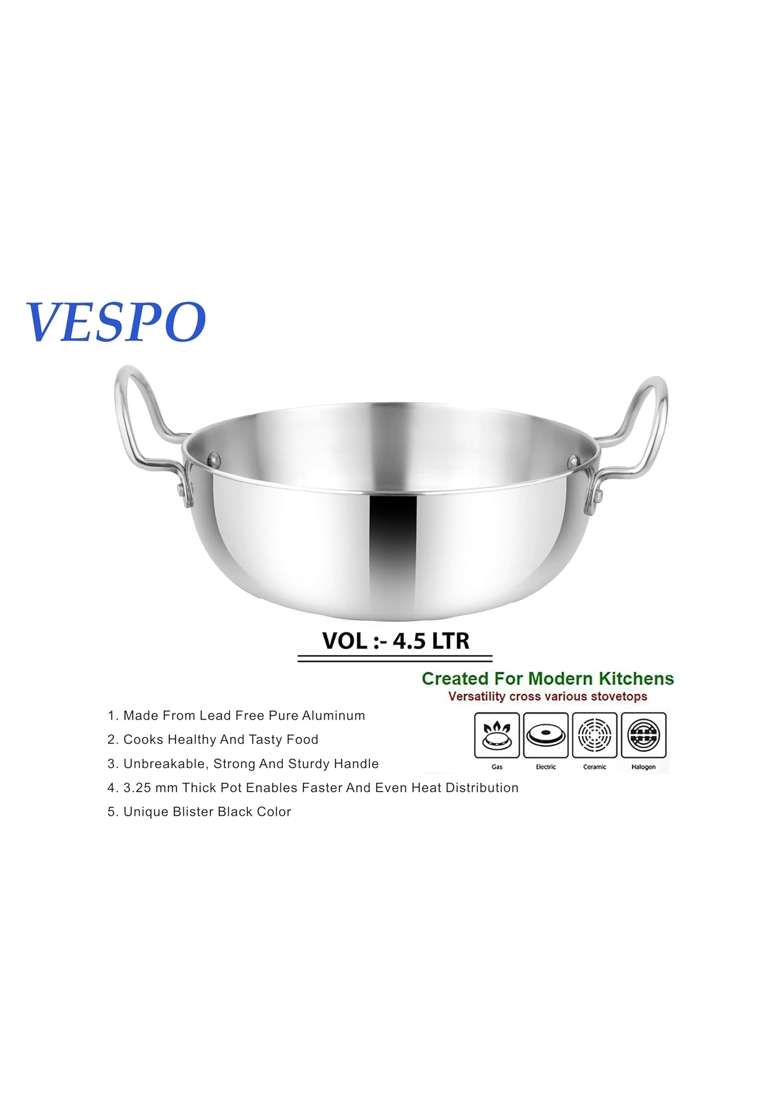VESPO Mirror Finish Aluminum Deep Kadhai Wok Flat Bottom Kadhai Without Lid | 4.5 L | 4.8 Qt | 28 cm | 11 Inch - Indya