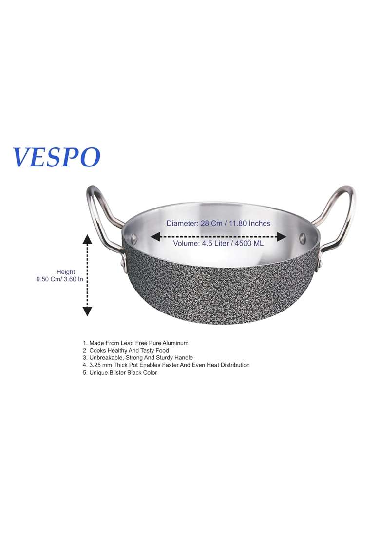 VESPO Antique Finish Aluminum Induction Deep Kadhai Wok Flat Bottom Kadhai Without Lid | 4.5 L | 4.8 Qt | 28 cm | 11 Inch - Indya
