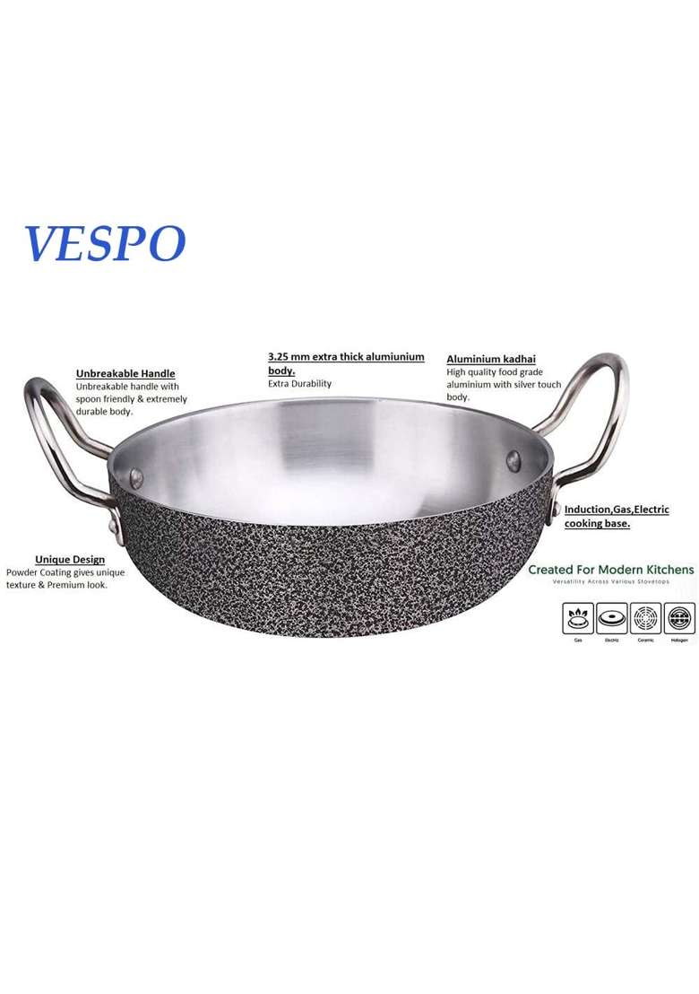 VESPO Antique Finish Aluminum Induction Deep Kadhai Wok Flat Bottom Kadhai Without Lid | 4.5 L | 4.8 Qt | 28 cm | 11 Inch - Indya