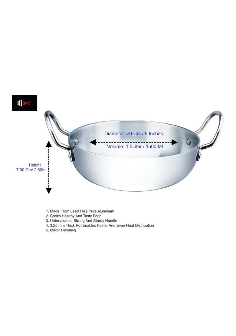SPC Mirror Polish Aluminum Deep Kadhai Wok Flat Bottom Kadhai Without Ltrd | 1.5 L | 1.6 Qt | 20 cm | 7.9 Inch - Indya