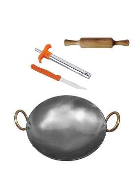 KITCHEN SHOPEE Traditional Iron Deep Kada Frying Pan Cooking Fry Kadhai Wok Heavy Base | 3.75 L | 4 Qt | 28 cm | 11 Inch