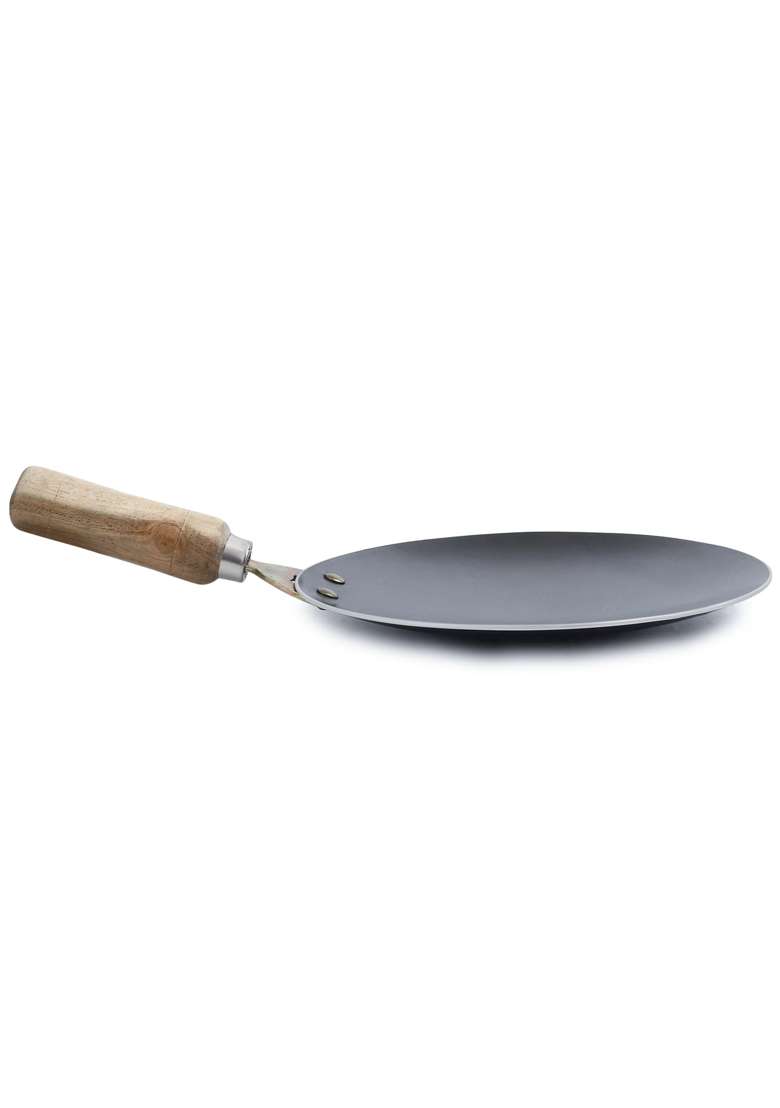 RBY Cast Iron Tawa Flat Griddle Lohe Ka Tava with Unique Smooth Edges Wooden Handle Gas | 9.5 Inch | Induction Compatible - Indya