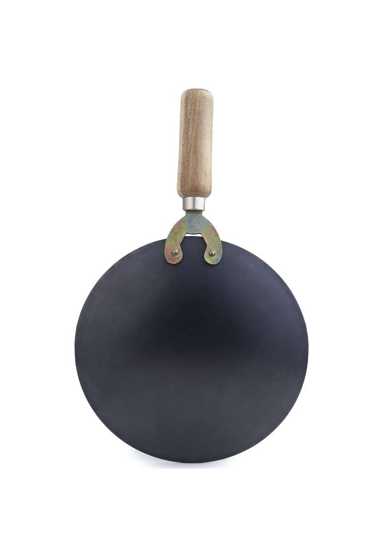 RBY Cast Iron Tawa Flat Griddle Lohe Ka Tava with Unique Smooth Edges Wooden Handle Gas | 9.5 Inch | Induction Compatible - Indya