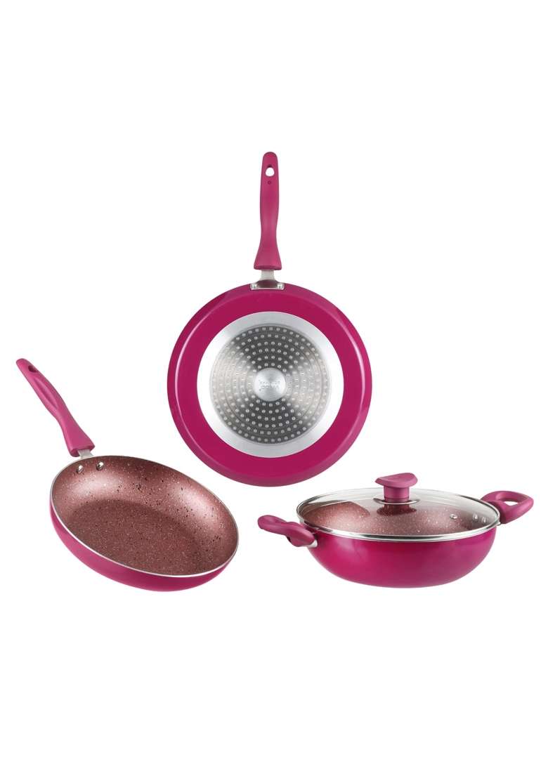 Vinod Lilac Non Stick Cookware Combo | 2.5 L | 2.6 Qt | 24 cm | 9.4 Inch | 3-Piece Set | Induction Compatible | With Lid - Indya