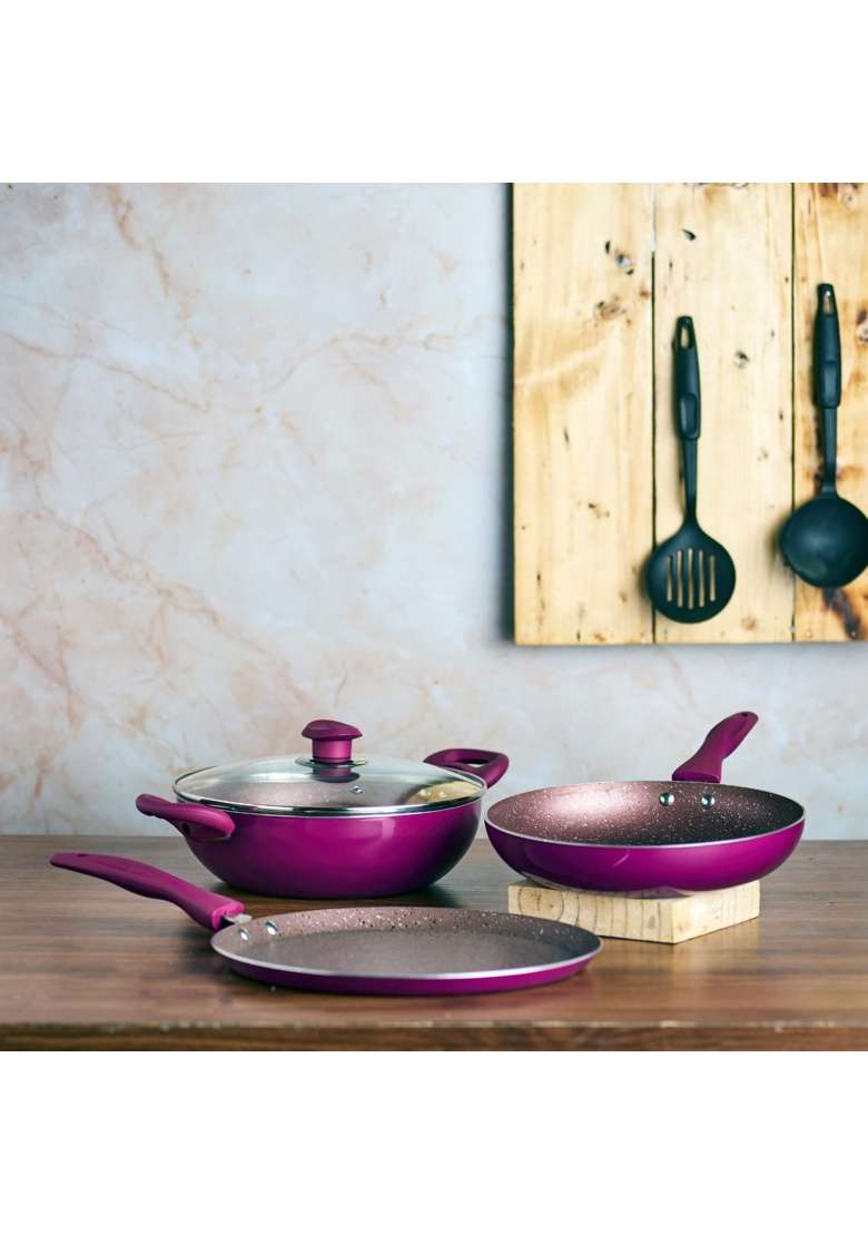 Vinod Lilac Non Stick Cookware Combo | 2.5 L | 2.6 Qt | 24 cm | 9.4 Inch | 3-Piece Set | Induction Compatible | With Lid - Indya