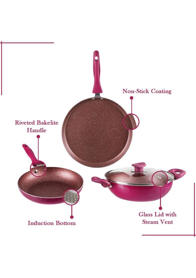 Vinod Lilac Non Stick Cookware Combo | 2.5 L | 2.6 Qt | 24 cm | 9.4 Inch | 3-Piece Set | Induction Compatible | With Lid - Indya