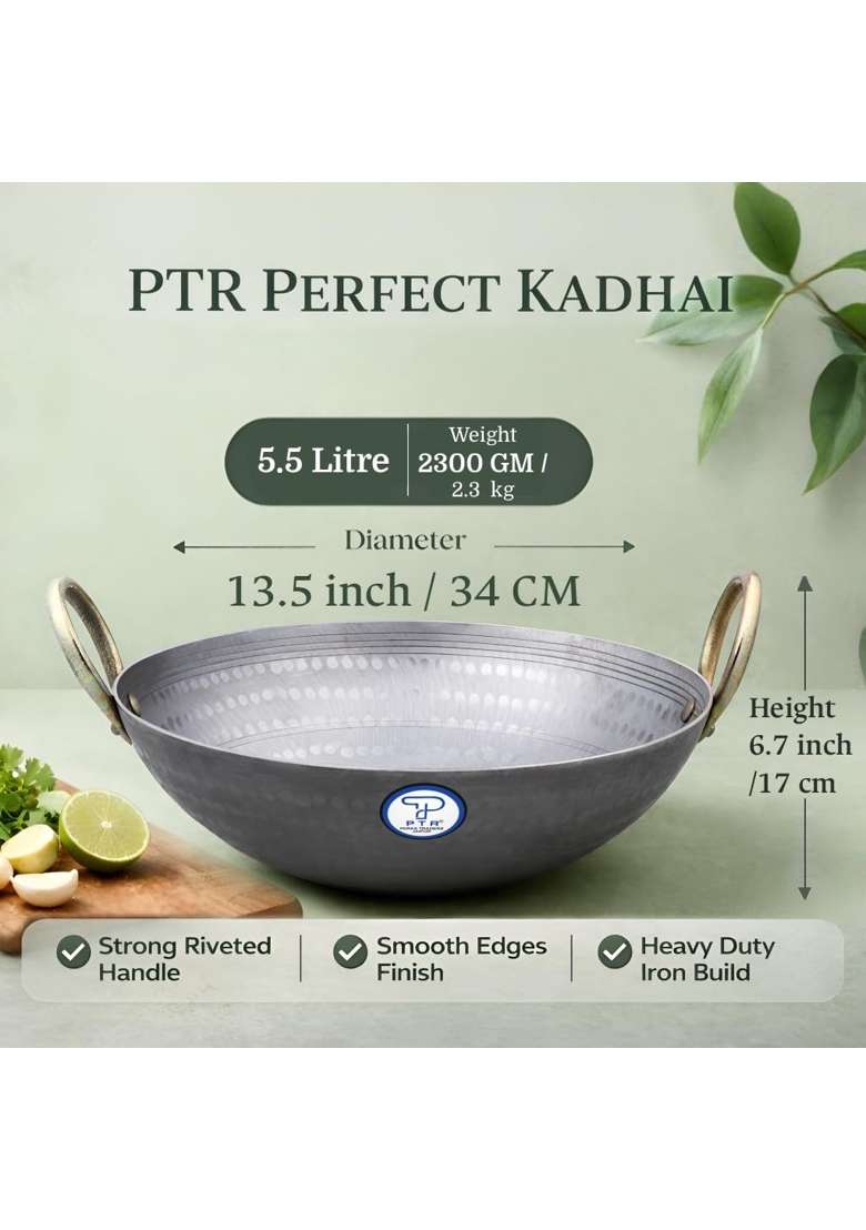 PTR Smooth Edge Iron Kadai Wok Food Grade Hammered Heavy Base Lohe Ki Kadhai Metal | 5.5 L | 5.8 Qt | 13.5 Inch | Induction Compatible - Indya