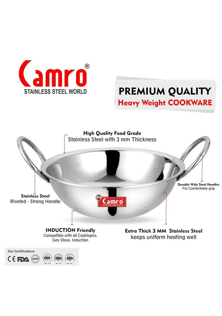 Camro Steel Camro Triply Round Bottom Kadhai Wok | 1.2 L | 1.3 Qt | Induction Compatible - Indya