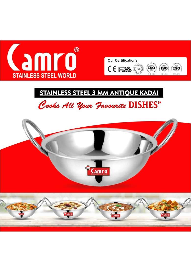 Camro Steel Camro Triply Round Bottom Kadhai Wok | 1.2 L | 1.3 Qt | Induction Compatible - Indya