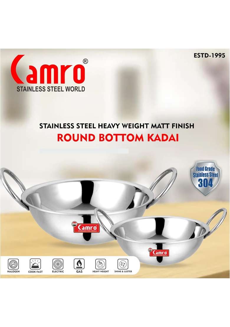 Camro Steel Camro Triply Round Bottom Kadhai Wok | 1.2 L | 1.3 Qt | Induction Compatible - Indya