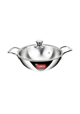 Camro Triply Artisian Kadhai Wok Include Glass Lid Induction Stove Gas | 4 L | 4.2 Qt | 26 cm | 10.2 Inch