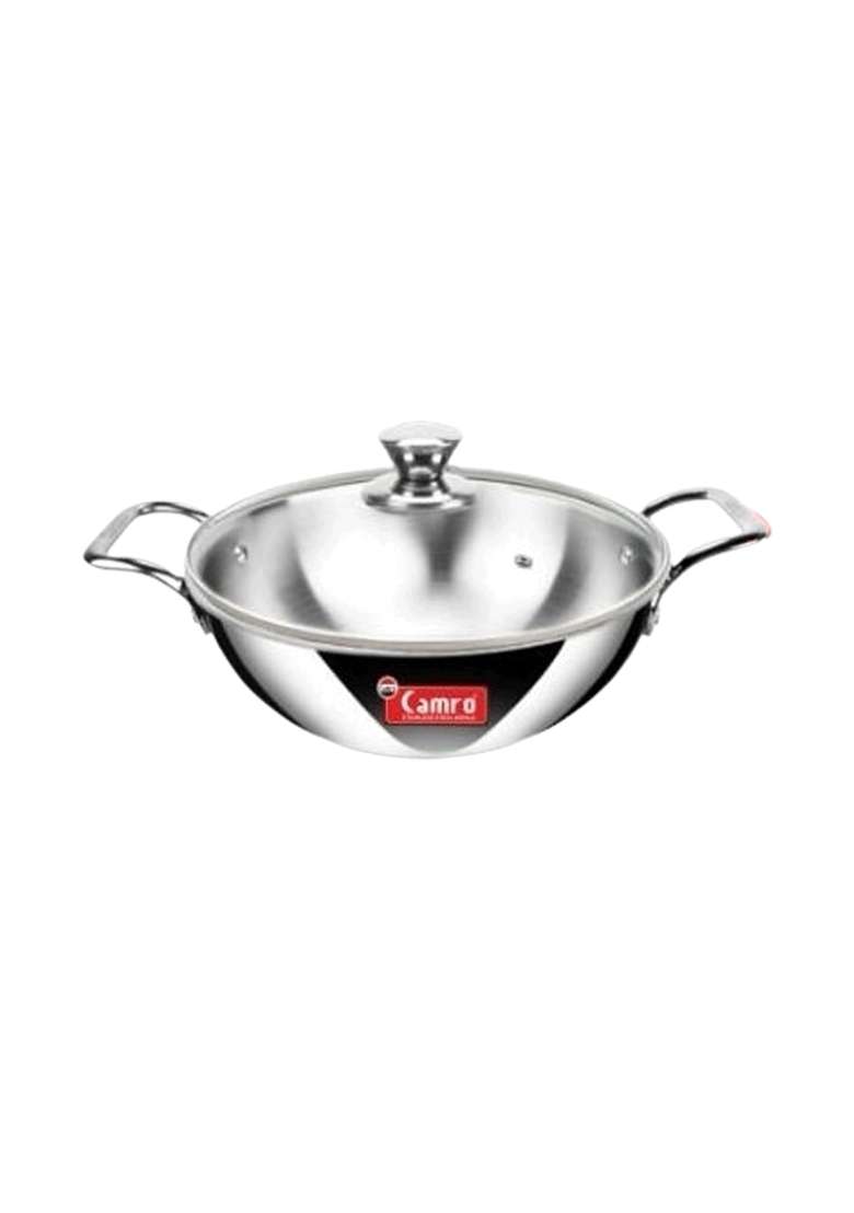 Camro Triply Artisian Kadhai Wok Include Glass Lid Induction Stove Gas | 4 L | 4.2 Qt | 26 cm | 10.2 Inch - Indya