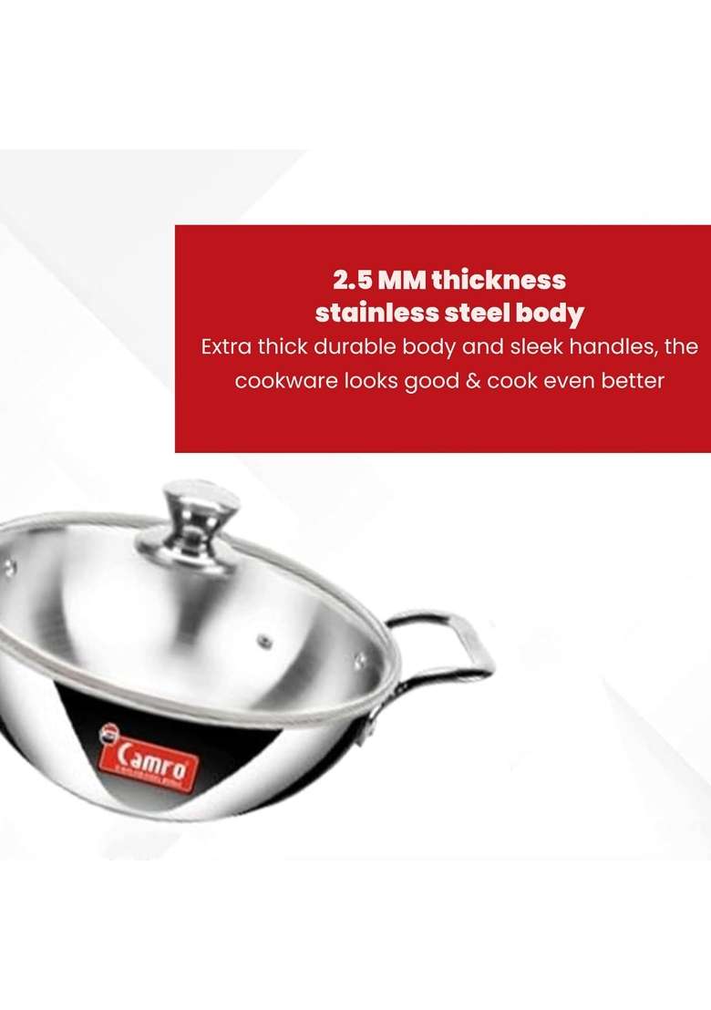 Camro Triply Artisian Kadhai Wok Include Glass Lid Induction Stove Gas | 4 L | 4.2 Qt | 26 cm | 10.2 Inch - Indya