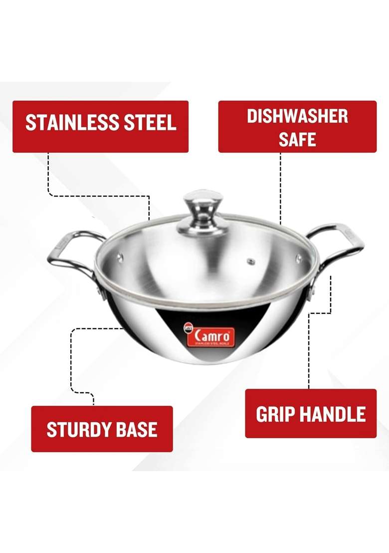 Camro Triply Artisian Kadhai Wok Include Glass Lid Induction Stove Gas | 4 L | 4.2 Qt | 26 cm | 10.2 Inch - Indya