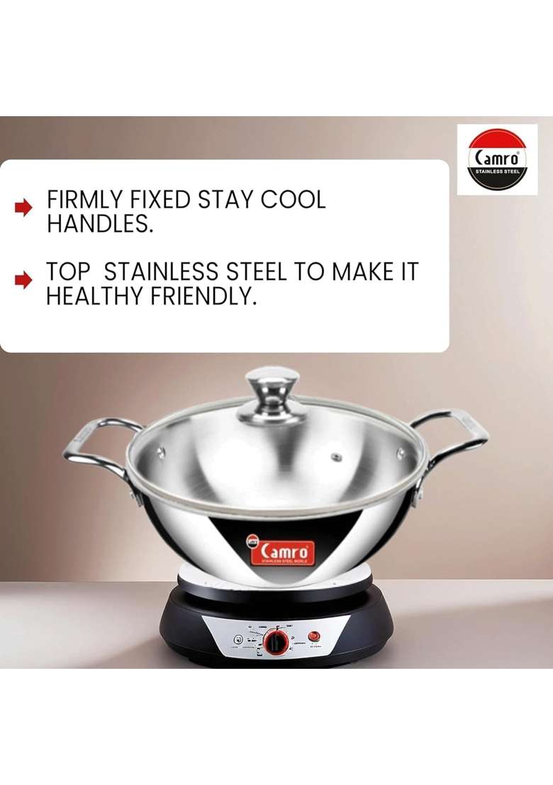 Camro Triply Artisian Kadhai Wok Include Glass Lid Induction Stove Gas | 4 L | 4.2 Qt | 26 cm | 10.2 Inch - Indya