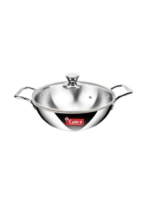 Camro Triply Artisian Kadhai Wok Include Glass Lid Induction Stove Gas | 4 L | 4.2 Qt | 26 cm | 10.2 Inch