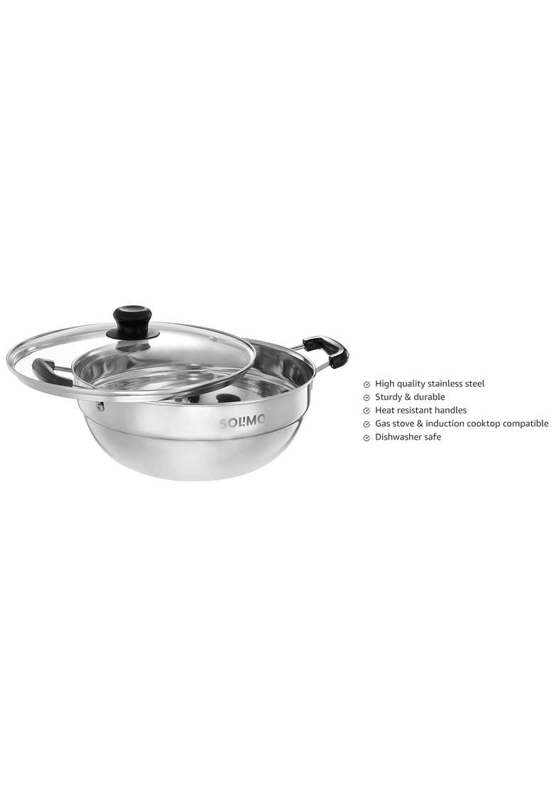 Solimo Amazon Brand Solimo Stainless Steel Multi Kadai Wok Induction Base | 500 ml | 16.9 fl oz | With Lid - Indya