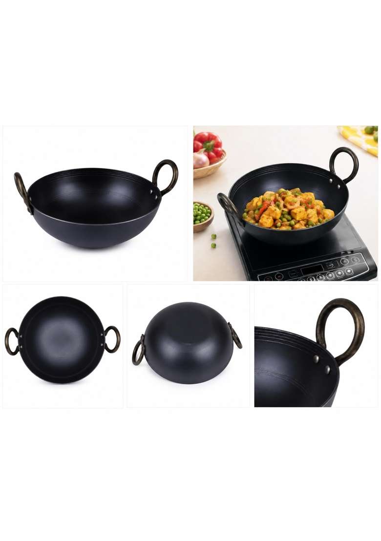 SHIFA CRAFT Food Grade Iron Kadai s 1st Smooth Edge Kadhai Strong Riveted Handle | 3 L | 3.2 Qt | 11 Inch | Induction Compatible | Heavy Bottom - Indya