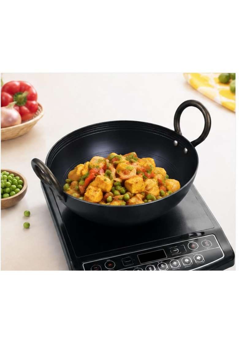 SHIFA CRAFT Food Grade Iron Kadai s 1st Smooth Edge Kadhai Strong Riveted Handle | 4 L | 4.2 Qt | 12 Inch | Induction Compatible | Heavy Bottom - Indya