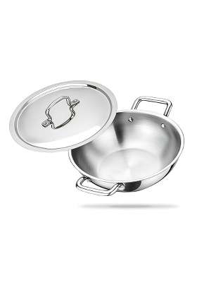 ZENSIL Platinum Triply Stainless Steel Kadai Wok with Lid | 2 L | 2.1 Qt | 22 cm | 8.7 Inch | Induction Compatible | Heavy Bottom