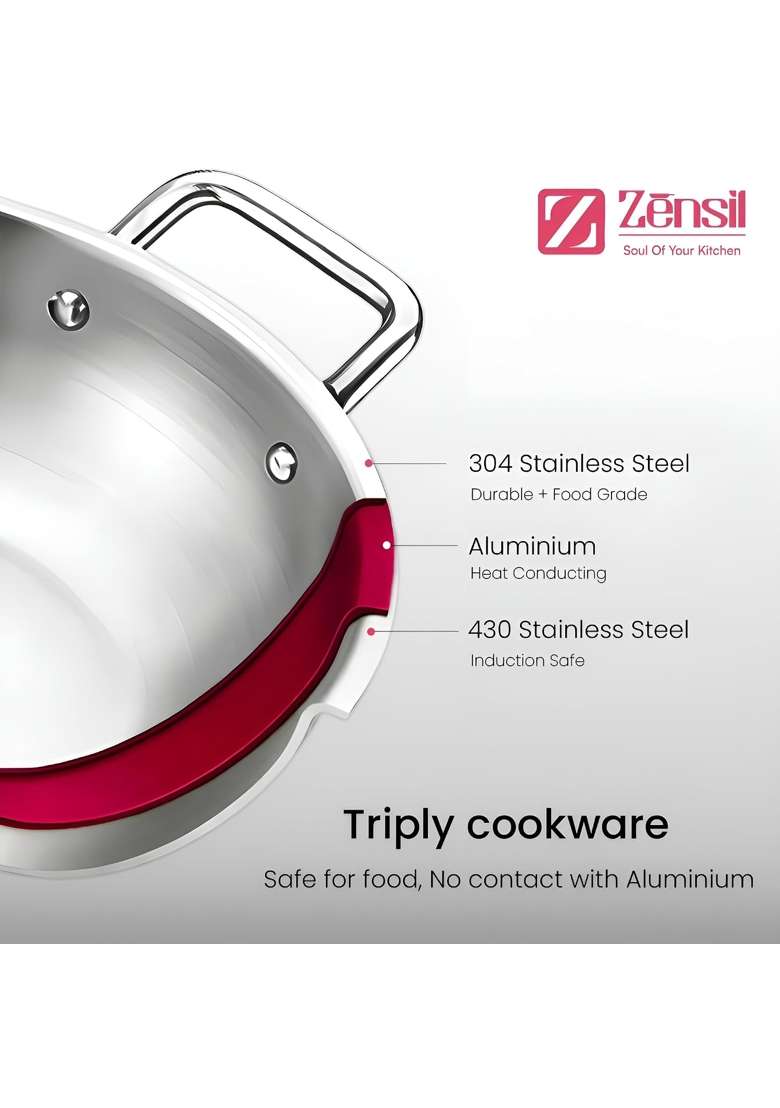 ZENSIL Platinum Triply Stainless Steel Kadai Wok with Lid | 2 L | 2.1 Qt | 22 cm | 8.7 Inch | Induction Compatible | Heavy Bottom - Indya