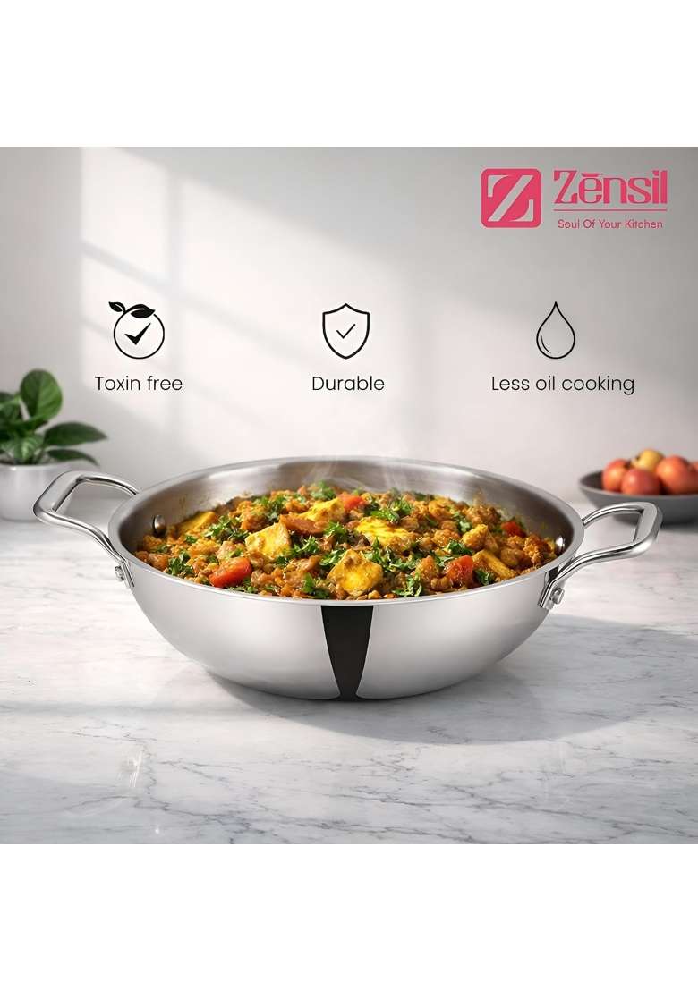 ZENSIL Platinum Triply Stainless Steel Kadai Wok with Lid | 2 L | 2.1 Qt | 22 cm | 8.7 Inch | Induction Compatible | Heavy Bottom - Indya