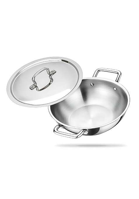 ZENSIL Platinum Triply Stainless Steel Kadai Wok with Lid | 2 L | 2.1 Qt | 22 cm | 8.7 Inch | Induction Compatible | Heavy Bottom