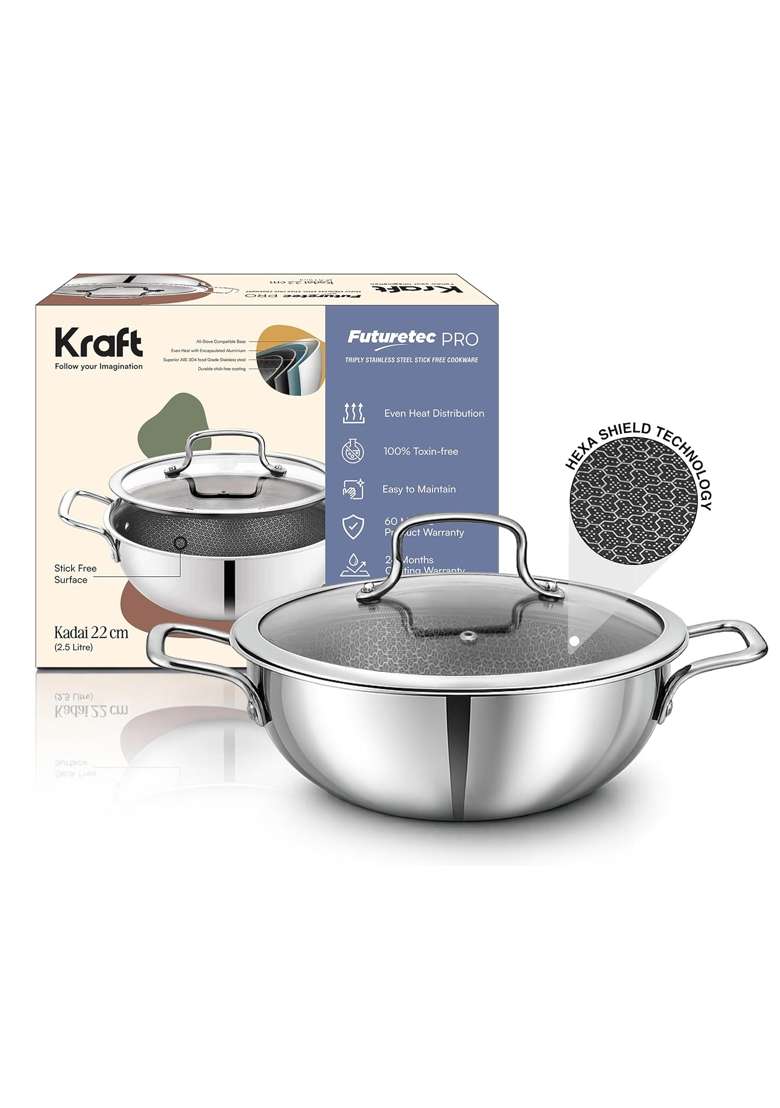 Kraft- follow your imagination Kraft Futuretec Pro Triply Honeycomb Kadai Wok with Glass Lid | 2.5 L | 2.6 Qt | 22 cm | 8.7 Inch - Indya