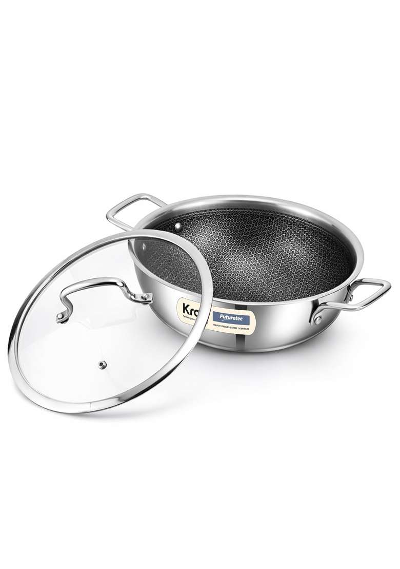 Kraft- follow your imagination Kraft Futuretec Pro Triply Honeycomb Kadai Wok with Glass Lid | 2.5 L | 2.6 Qt | 22 cm | 8.7 Inch - Indya