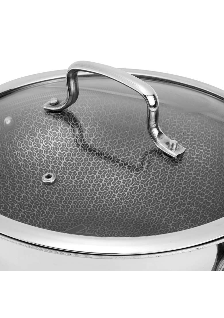 Kraft- follow your imagination Kraft Futuretec Pro Triply Honeycomb Kadai Wok with Glass Lid | 2.5 L | 2.6 Qt | 22 cm | 8.7 Inch - Indya