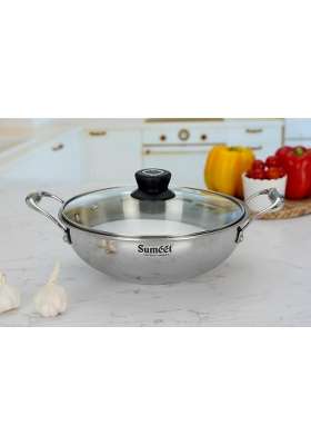 Sumeet Cook Smart TriPly Stainless Steel Induction Base Deep Kadai Wok with Glass Lid | 4 L | 4.2 Qt | 28 cm | 11 Inch