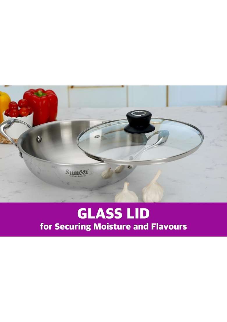 Sumeet Cook Smart TriPly Stainless Steel Induction Base Deep Kadai Wok with Glass Lid | 4 L | 4.2 Qt | 28 cm | 11 Inch - Indya