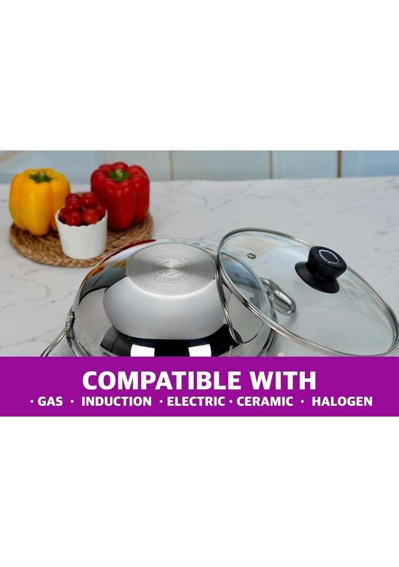 Sumeet Cook Smart TriPly Stainless Steel Induction Base Deep Kadai Wok with Glass Lid | 4 L | 4.2 Qt | 28 cm | 11 Inch - Indya