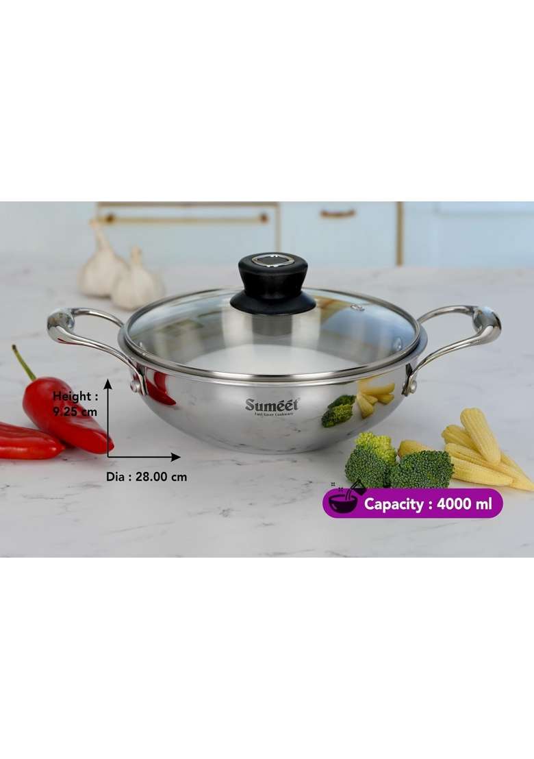 Sumeet Cook Smart TriPly Stainless Steel Induction Base Deep Kadai Wok with Glass Lid | 4 L | 4.2 Qt | 28 cm | 11 Inch - Indya