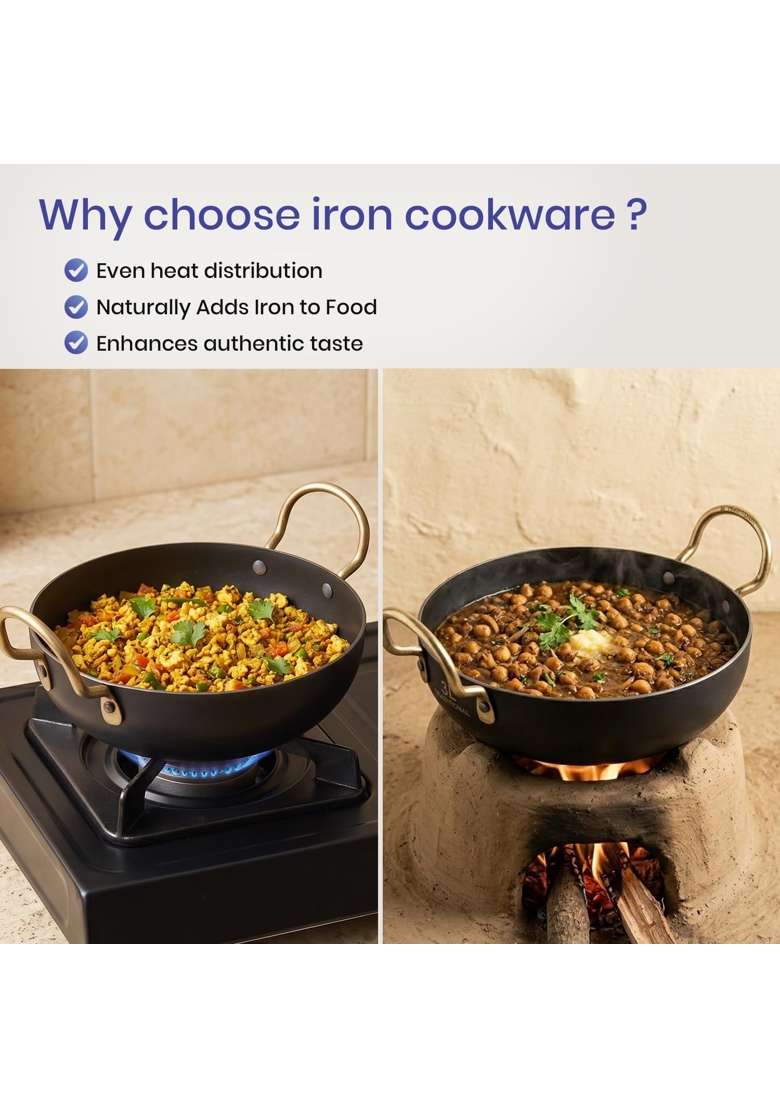 DOZY Iron Kadai Wok with Gold-Tone Handles | Induction Compatible - Indya