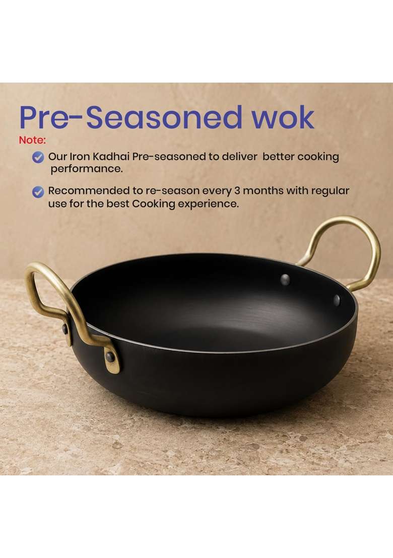 DOZY Iron Kadai Wok with Gold-Tone Handles | Induction Compatible - Indya