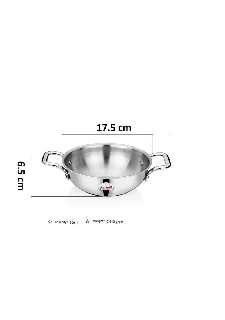 MARWALL Stainless Steel Mini Triply Kadhai Wok | 400 ml | 13.5 fl oz | 16 cm | 6.3 Inch - Indya