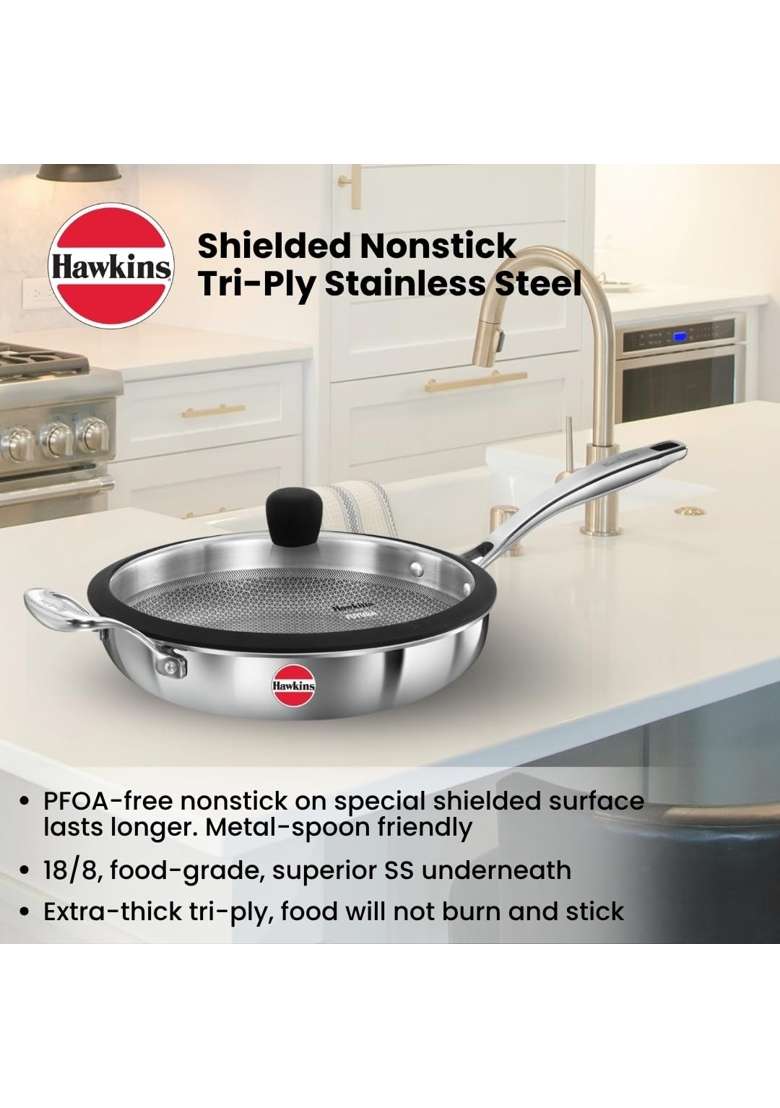 Hawkins Triply Stainless Steel Pro Frying Pan | 26 cm | 10.2 Inch | Induction Compatible | With Lid - Indya