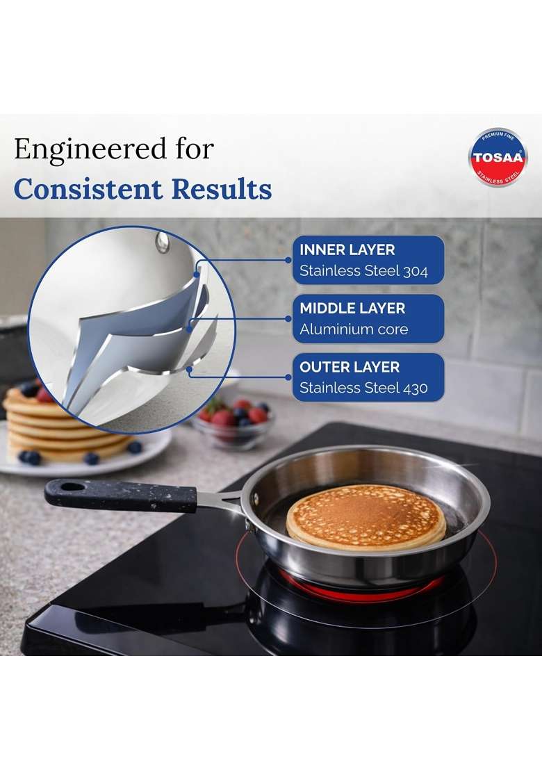 Tosaa Triply MINI Fry PAN- 3-Ply Stainless Steel | 0.5 L | 0.5 Qt | Induction Compatible | Non-Stick - Indya
