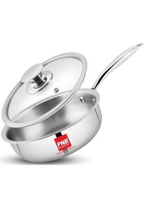 PNB Triply Stainless Steel Frypan with Tempered Glass Lid | 3 L | 3.2 Qt | 26 cm | 10.2 Inch | Induction Compatible | PFOA Free