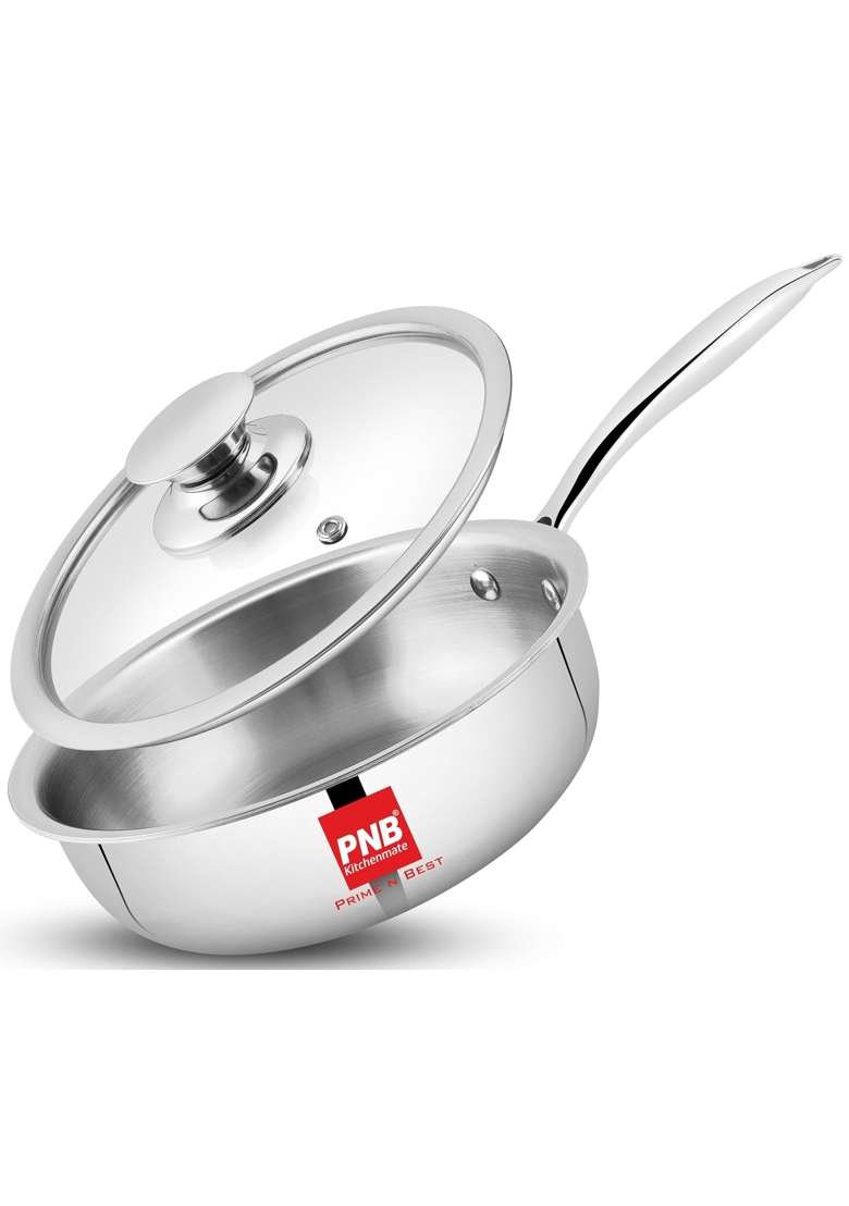 PNB Triply Stainless Steel Frypan with Tempered Glass Lid | 3 L | 3.2 Qt | 26 cm | 10.2 Inch | Induction Compatible | PFOA Free - Indya